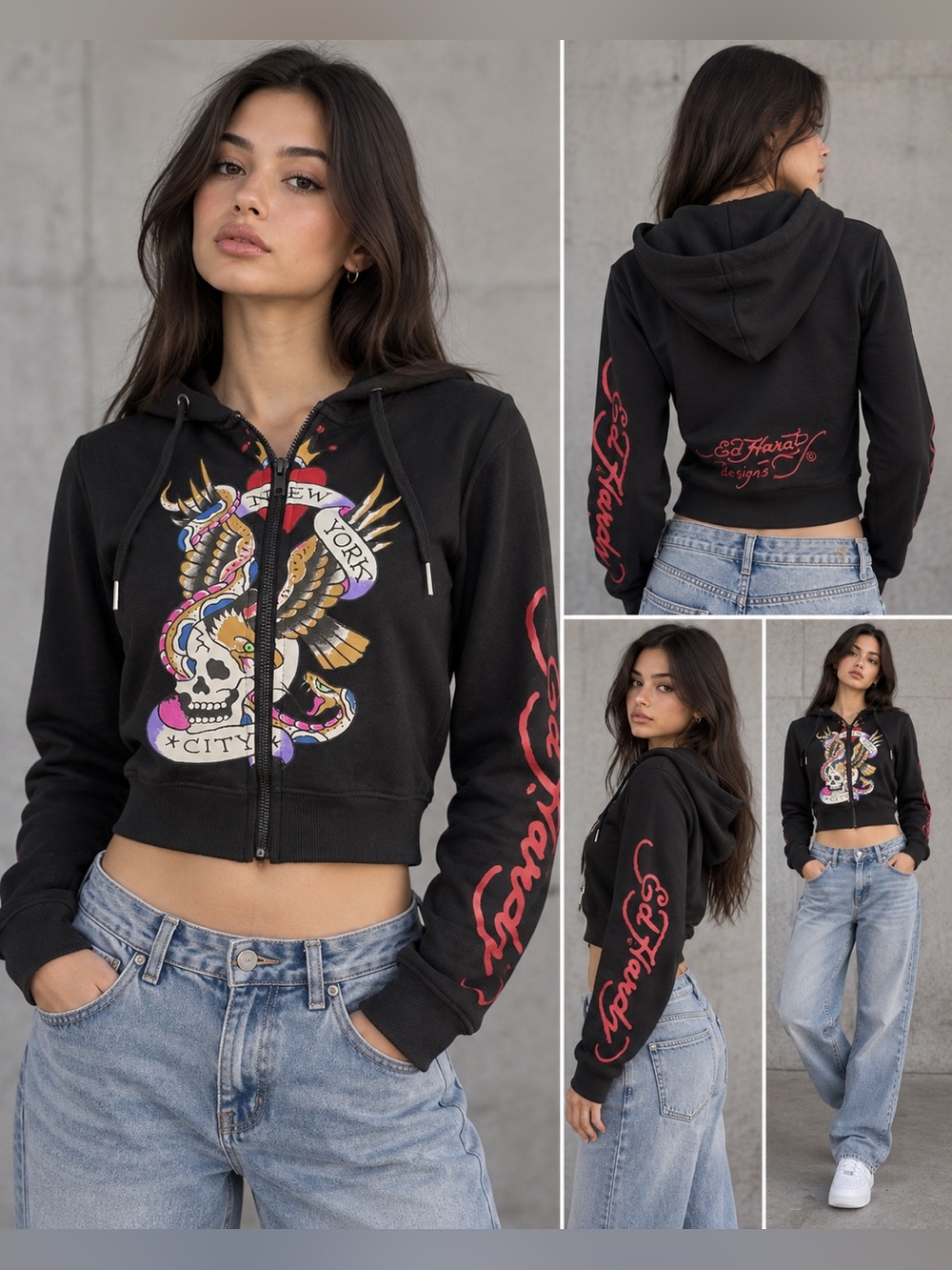 Ed Hardy New York City Cropped Zip Hoodie Black Size M NWOT